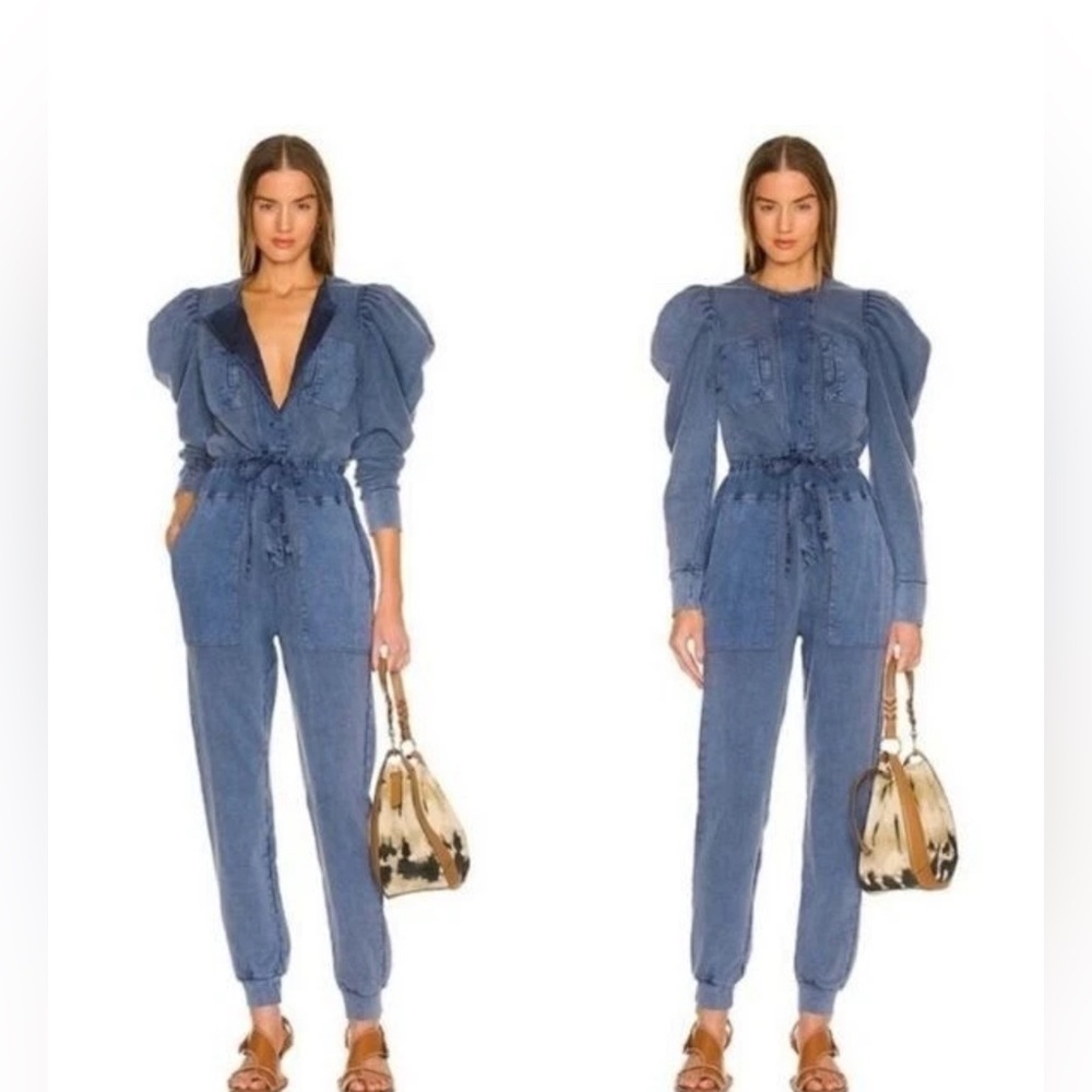 Ulla Johnson Indigo Denim Puff-Sleeve Jumpsuit